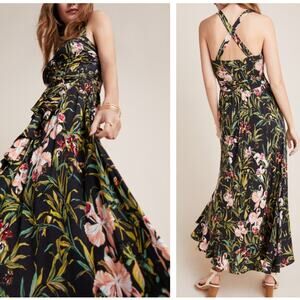 ANTHROPOLOGIE x MAEVE Gabriela Ruffled Maxi Dress Tropical Floral Sz XS {3C47}